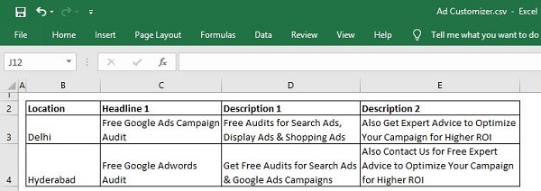 Ad Customizer Feed Creation in Excel
